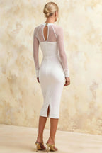 Gwendolyn White Square Neck Midi Dress with Sheer Sleeves