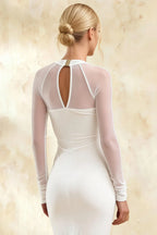Gwendolyn White Square Neck Midi Dress with Sheer Sleeves