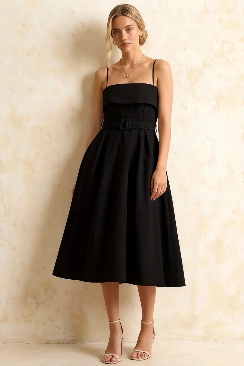 Hannah Black Belted Midi Dress with Square Neck