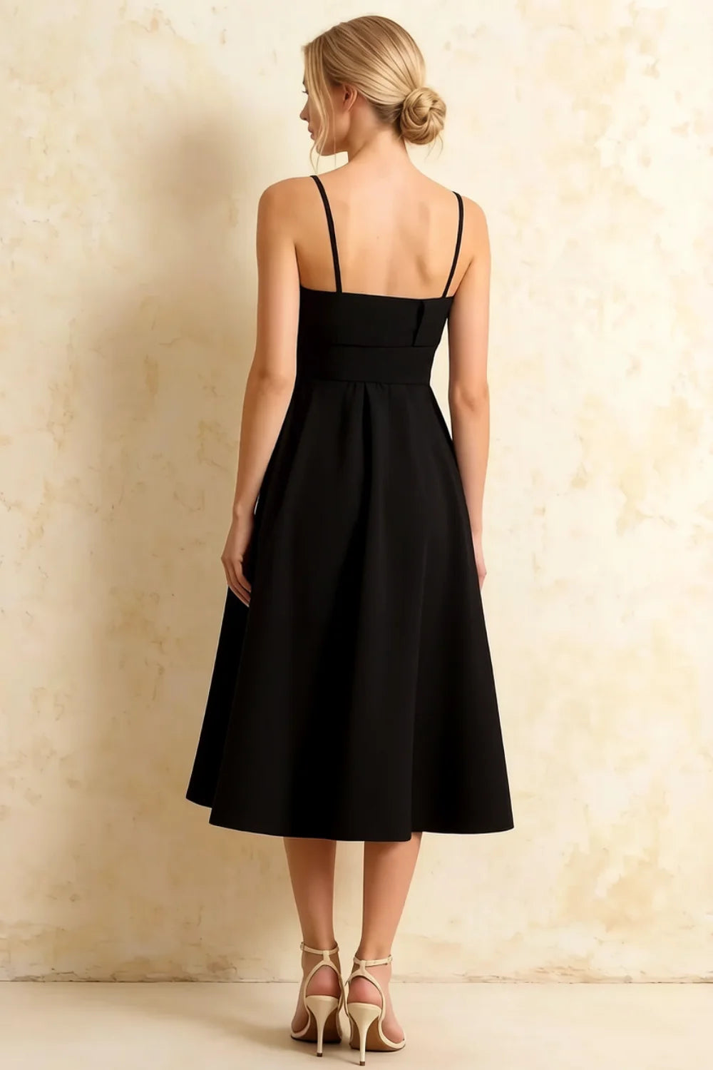 Hannah Black Belted Midi Dress with Square Neck