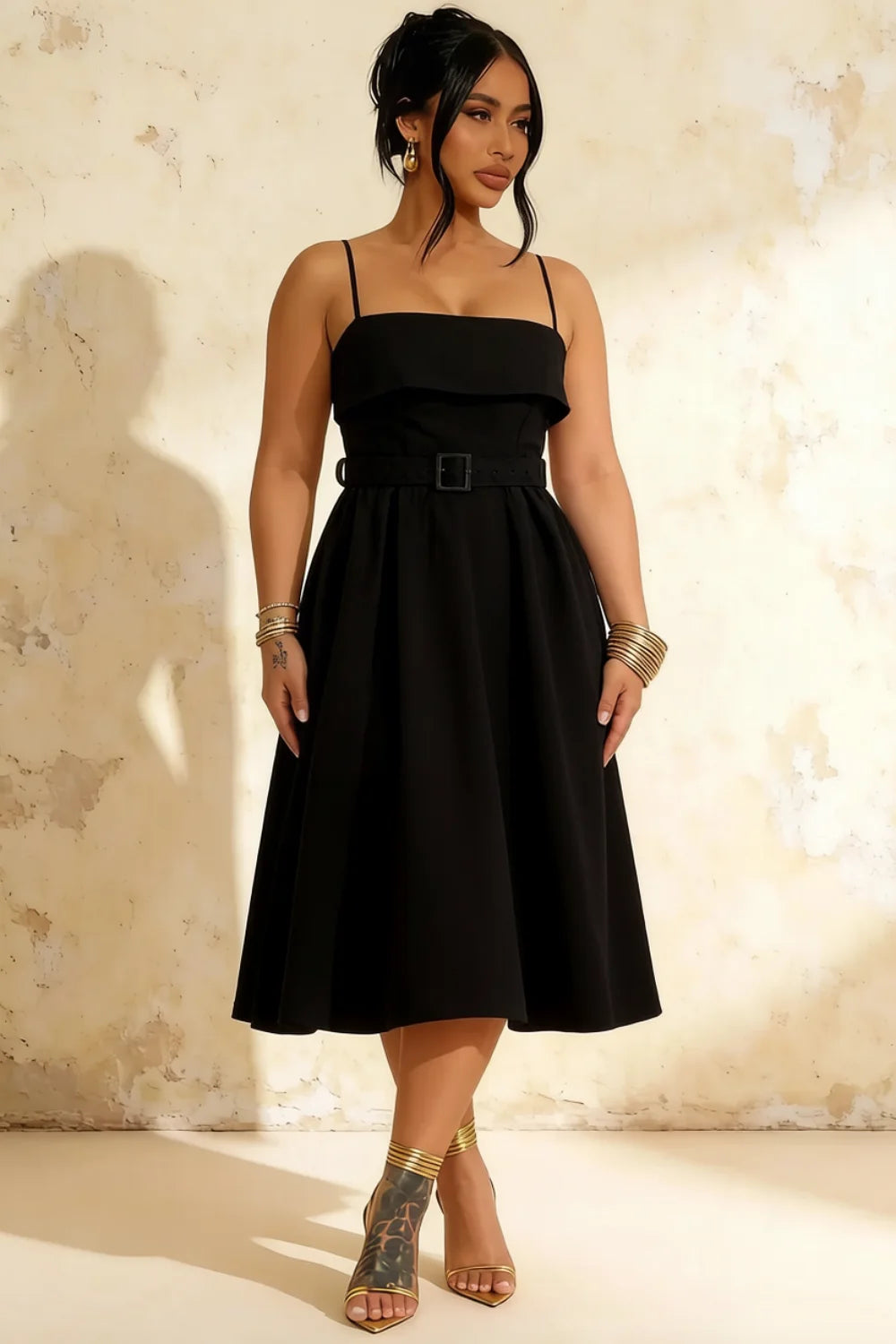 Hannah Black Belted Midi Dress with Square Neck