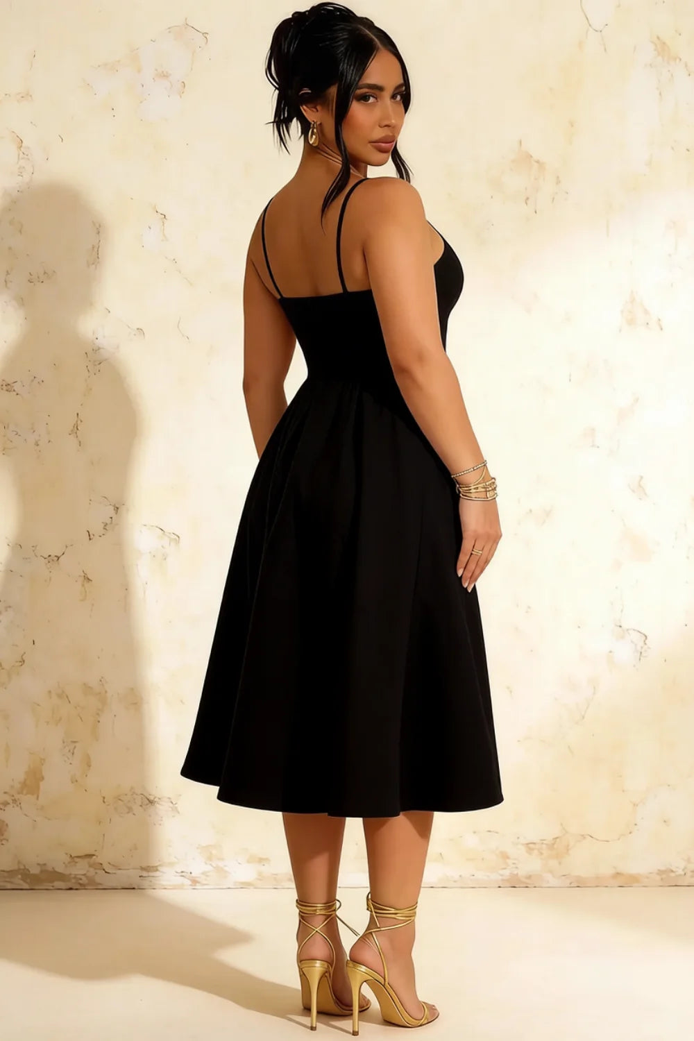 Hannah Black Belted Midi Dress with Square Neck