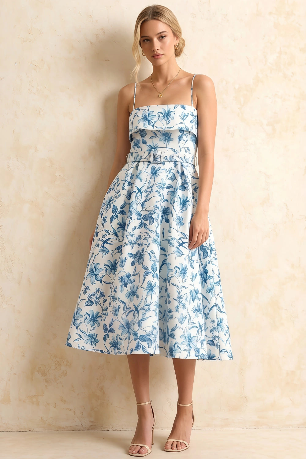 Vestido midi Hannah azul floral con cuello cuadrado y cinturón Imagen principal del producto