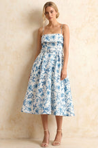 Hannah Blue Floral Square Neck Midi Dress with Belted