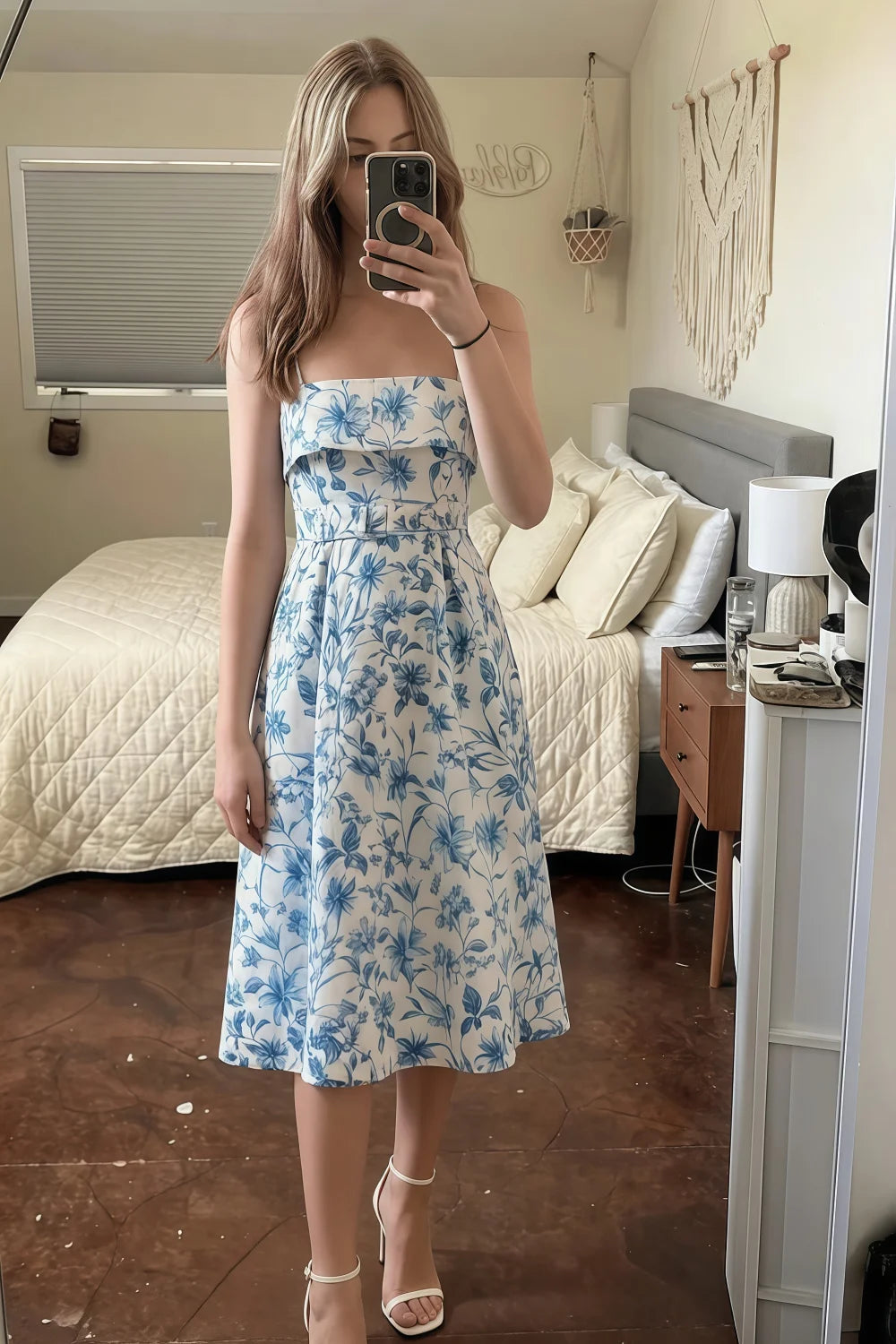 Hannah Blue Floral Square Neck Midi Dress with Belted