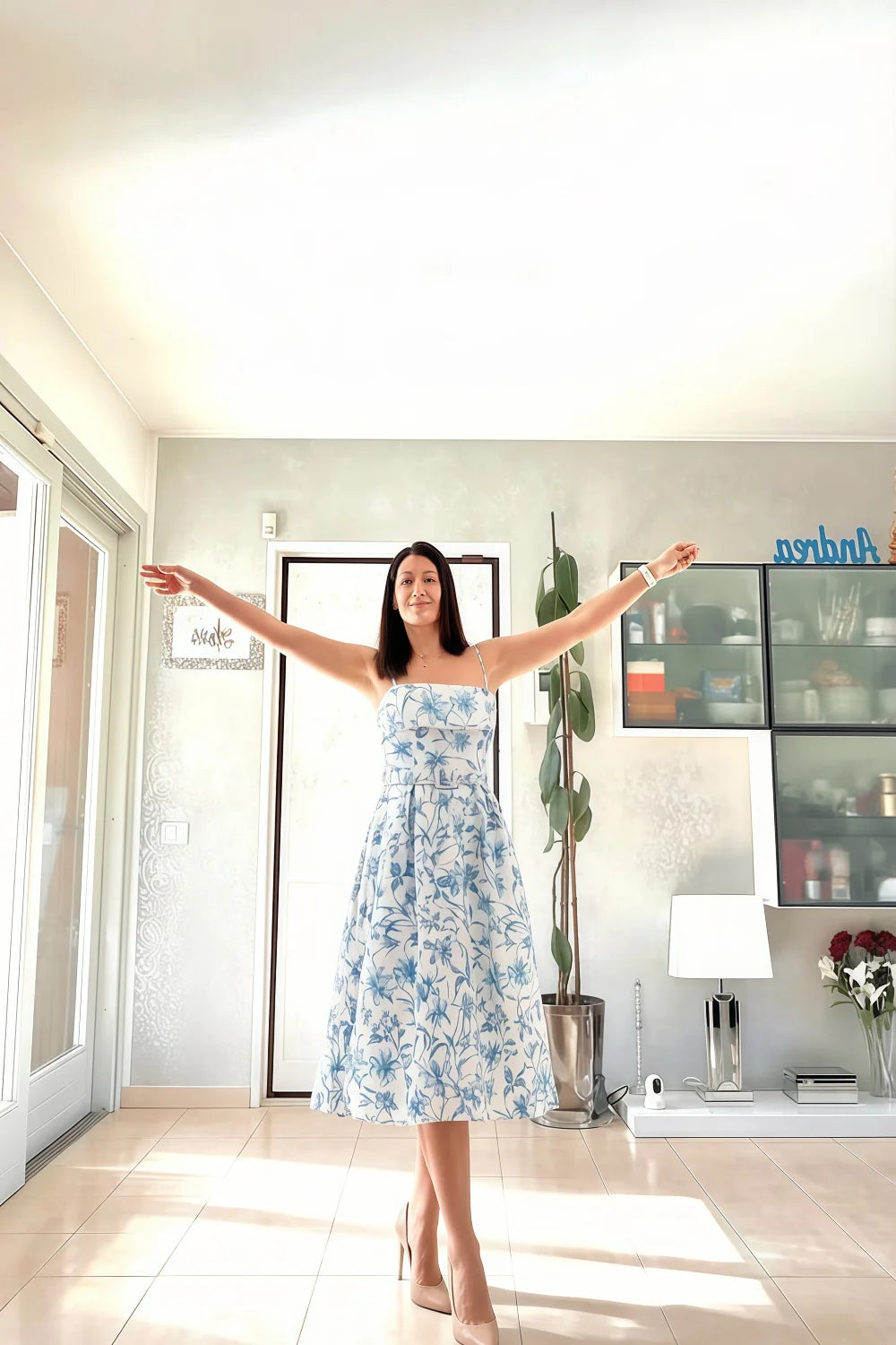 Hannah Blue Floral Square Neck Midi Dress with Belted