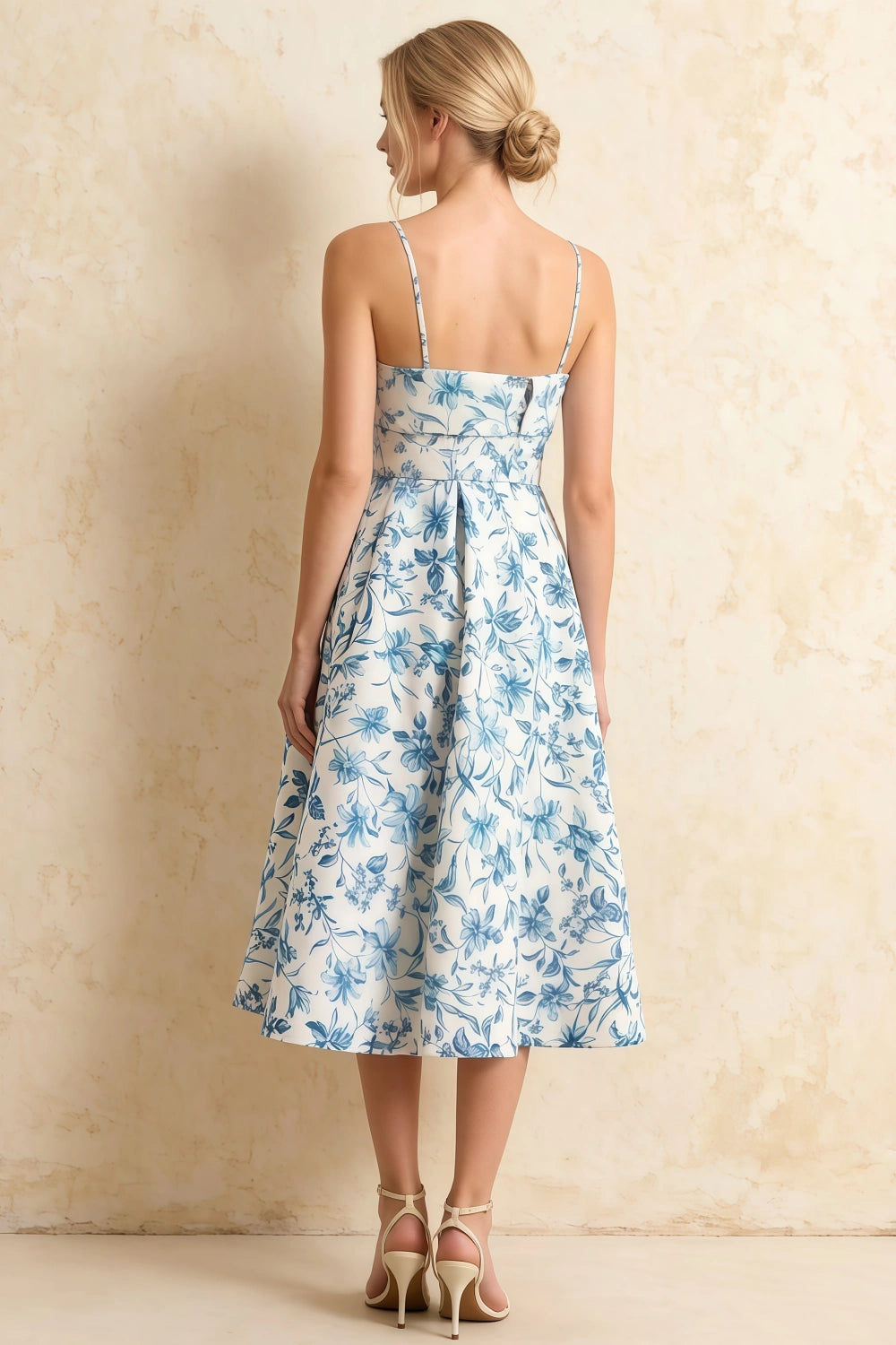 Hannah Blue Floral Square Neck Midi Dress with Belted