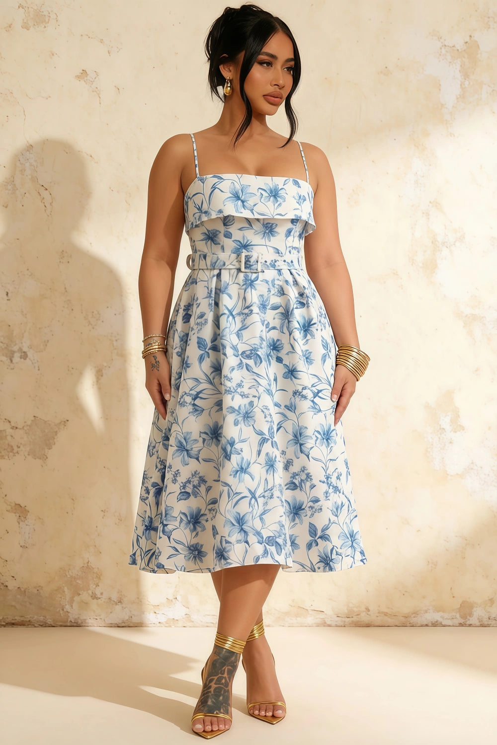Hannah Blue Floral Square Neck Midi Dress with Belted