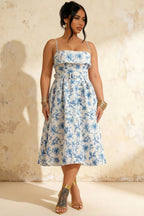 Hannah Blue Floral Square Neck Midi Dress with Belted