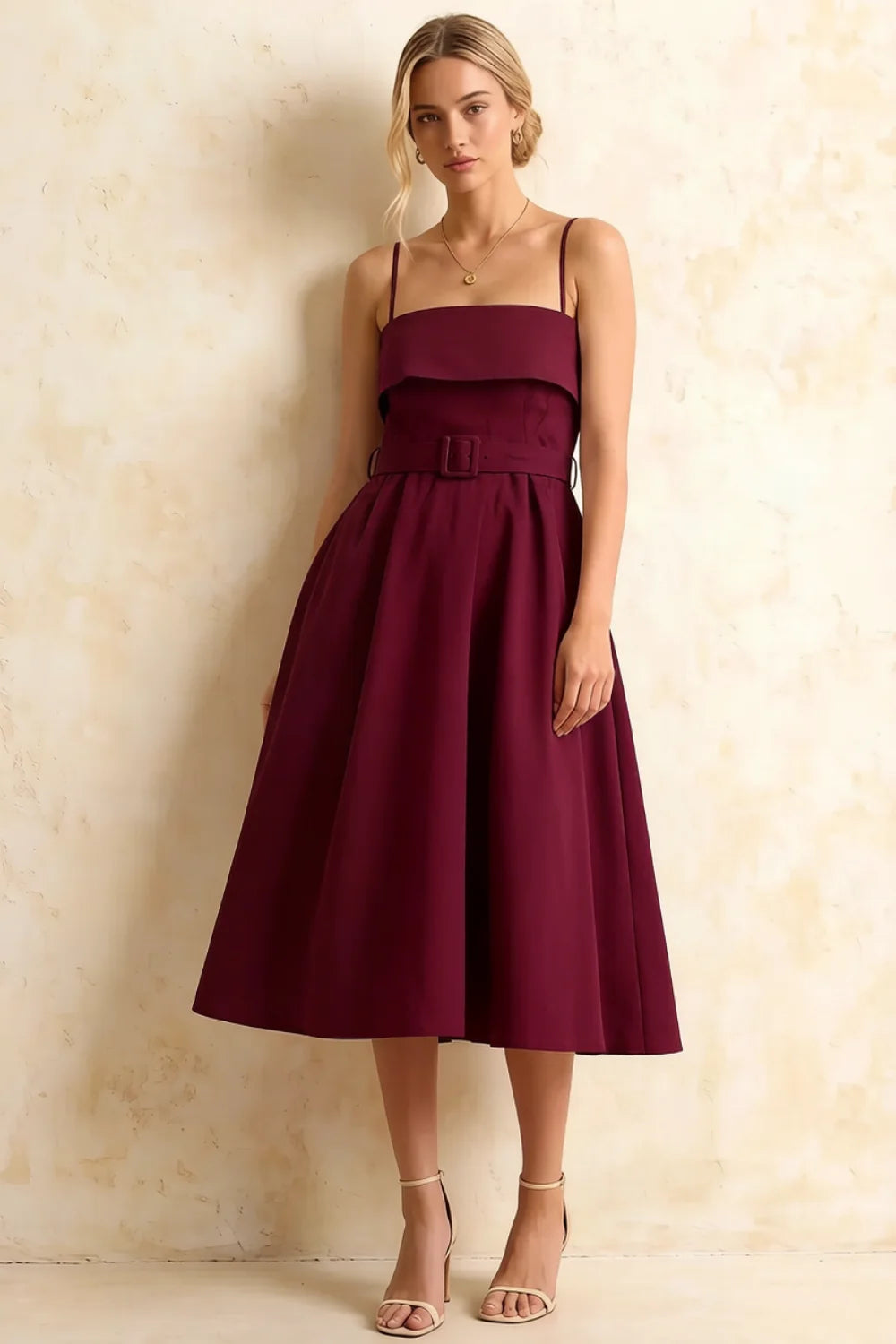Hannah Burgundy Midi Square Neckline Dress with Belted Waist Main image