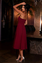 Hannah Burgundy Midi Square Neckline Dress with Belted Waist