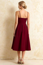 Hannah Burgundy Midi Square Neckline Dress with Belted Waist