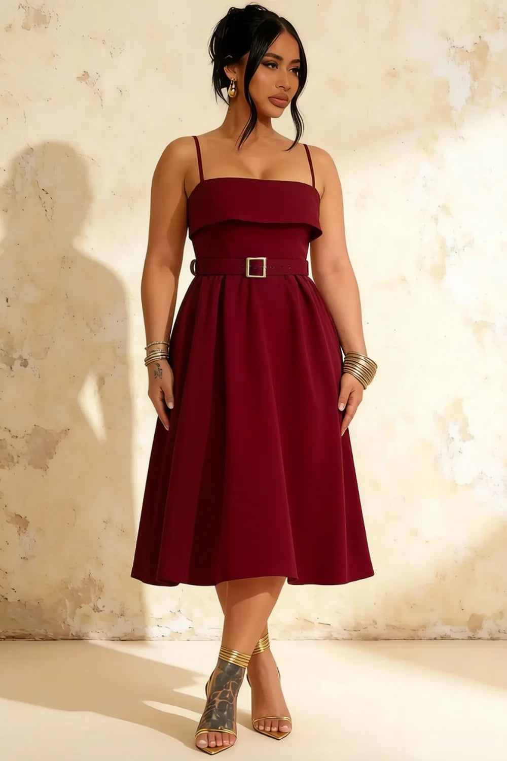 Hannah Burgundy Midi Square Neckline Dress with Belted Waist