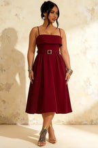 Hannah Burgundy Midi Square Neckline Dress with Belted Waist