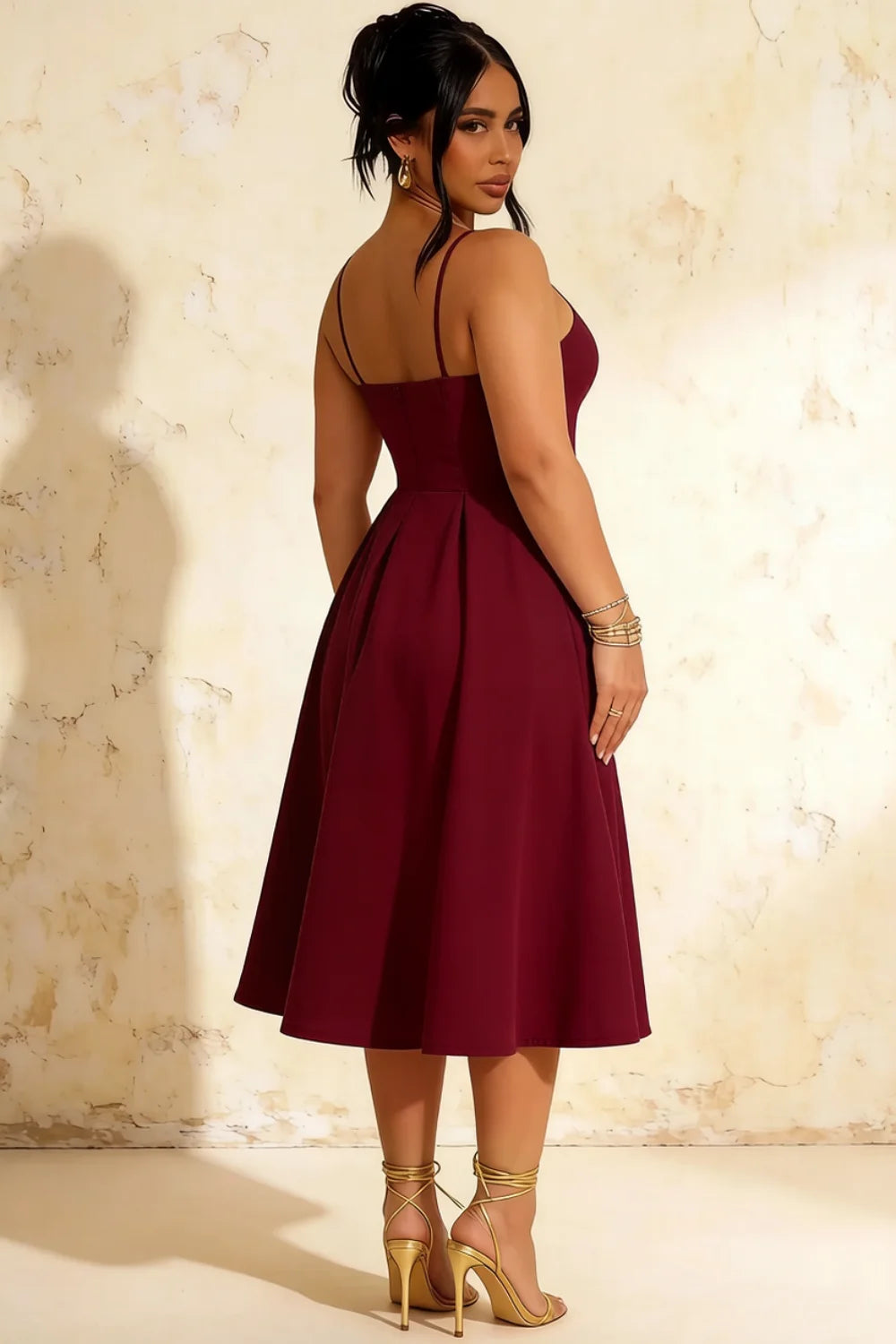 Hannah Burgundy Midi Square Neckline Dress with Belted Waist