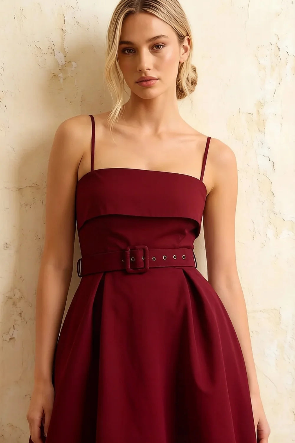 Hannah Burgundy Midi Square Neckline Dress with Belted Waist