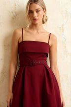 Hannah Burgundy Midi Square Neckline Dress with Belted Waist