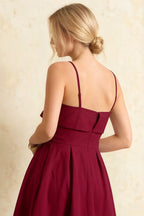 Hannah Burgundy Midi Square Neckline Dress with Belted Waist