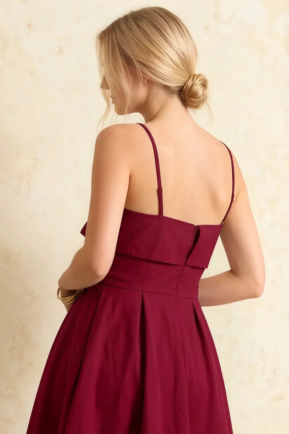 Hannah Burgundy Midi Square Neckline Dress with Belted Waist