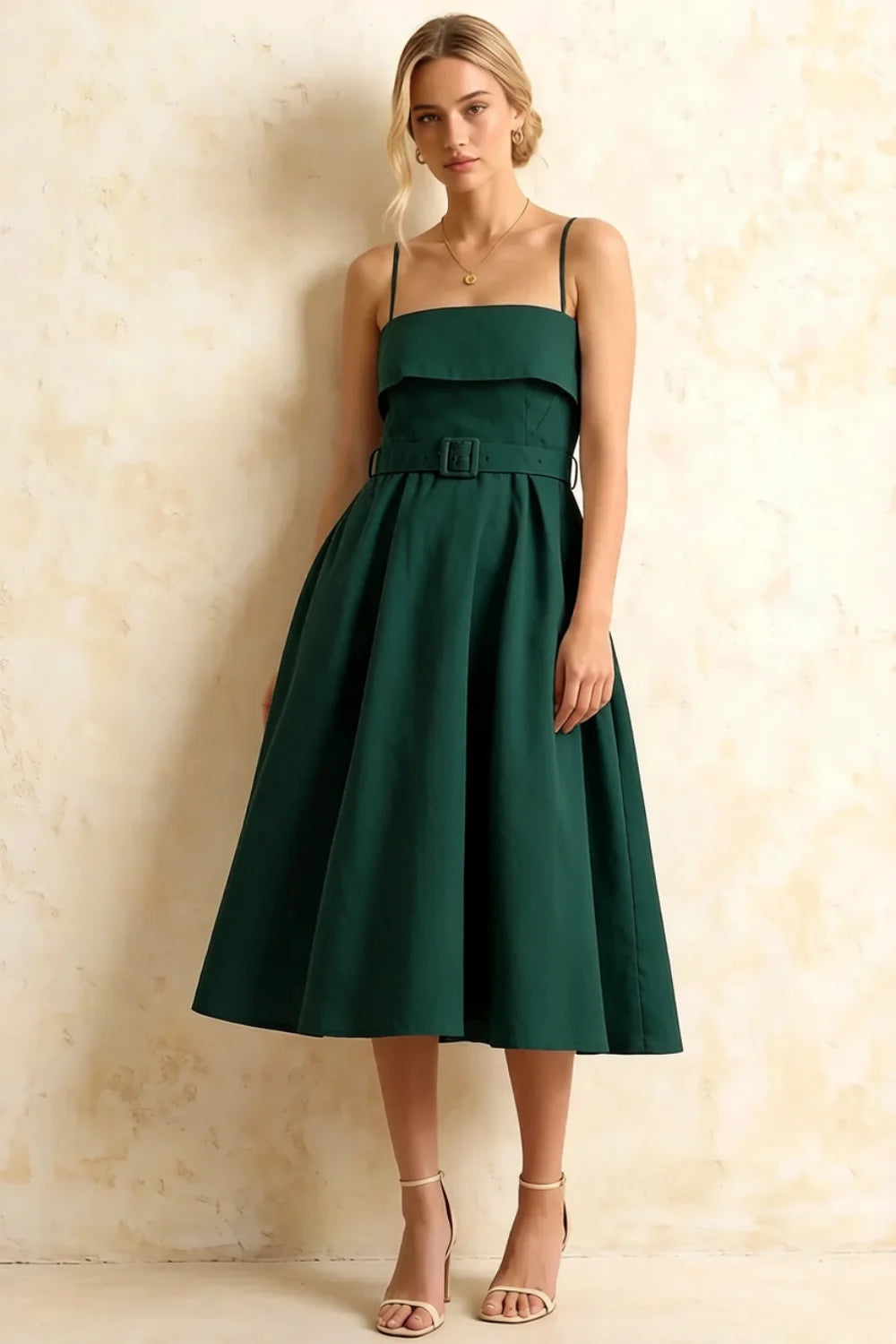 Hannah Emerald Green Midi Square Neck Dress with Belted Waist