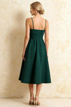Hannah Emerald Green Midi Square Neck Dress with Belted Waist
