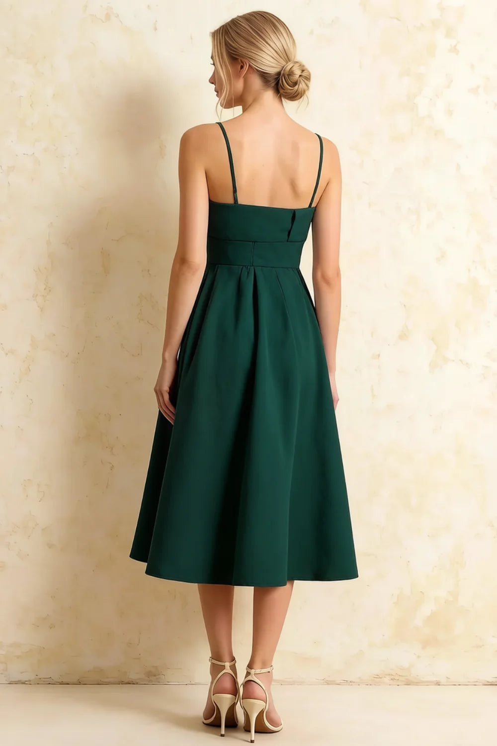 Hannah Emerald Green Midi Square Neck Dress with Belted Waist