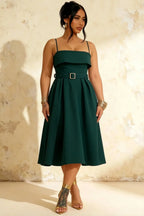 Hannah Emerald Green Midi Square Neck Dress with Belted Waist