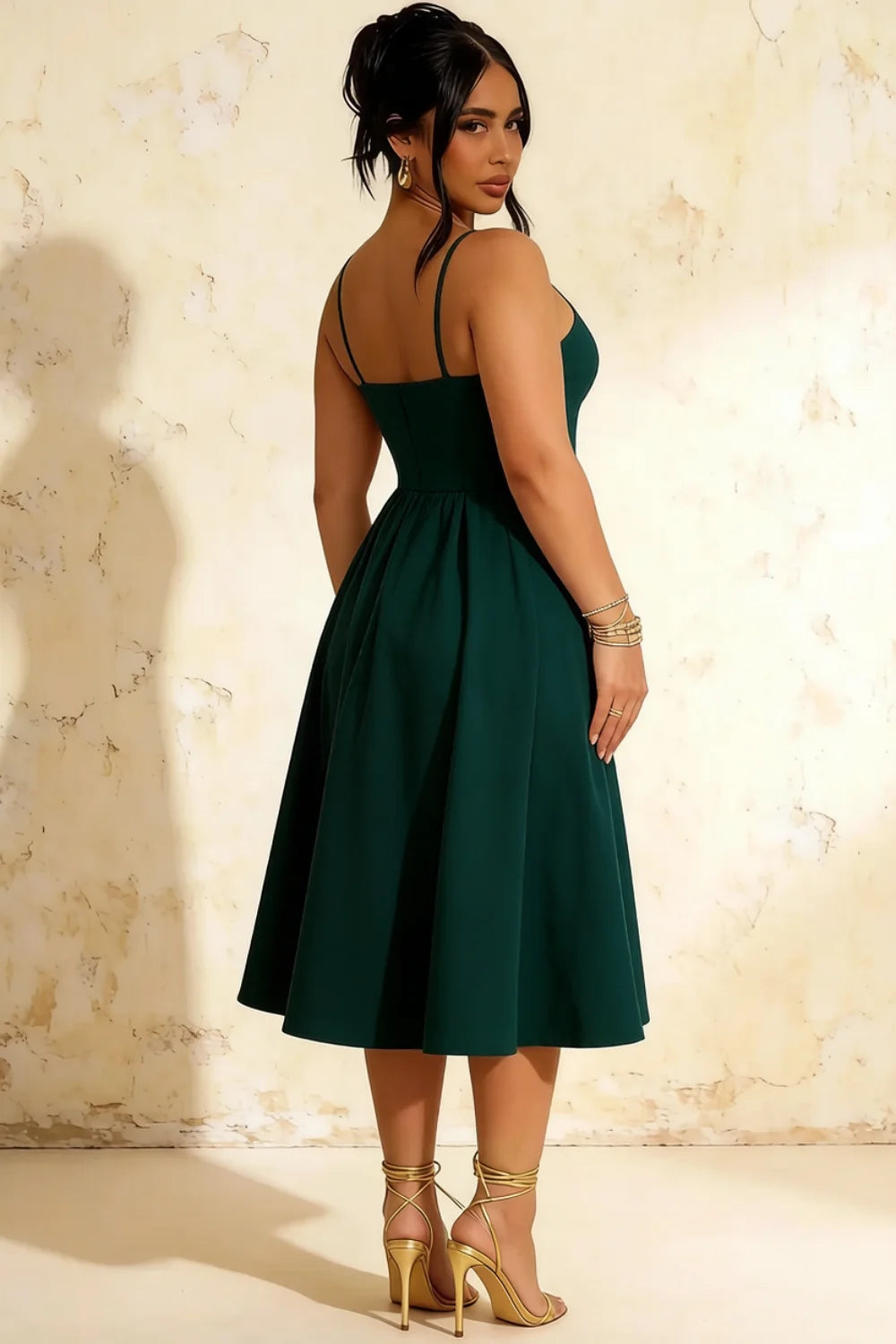 Hannah Emerald Green Midi Square Neck Dress with Belted Waist