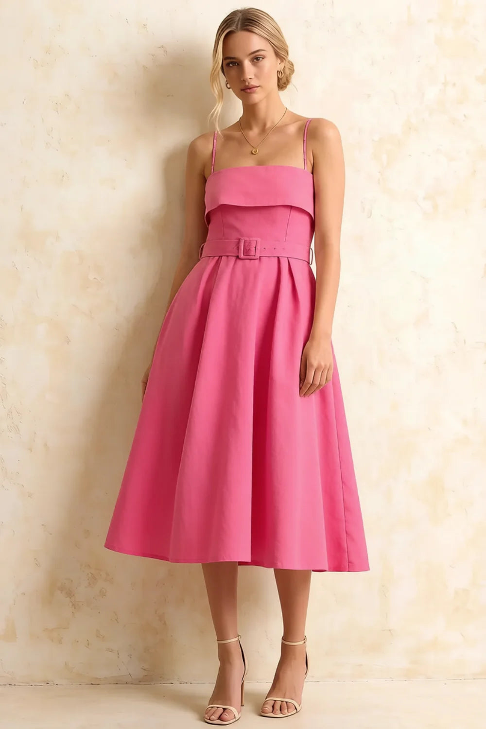 Hannah Hot Pink Midi Dress Square Neckline with Belt