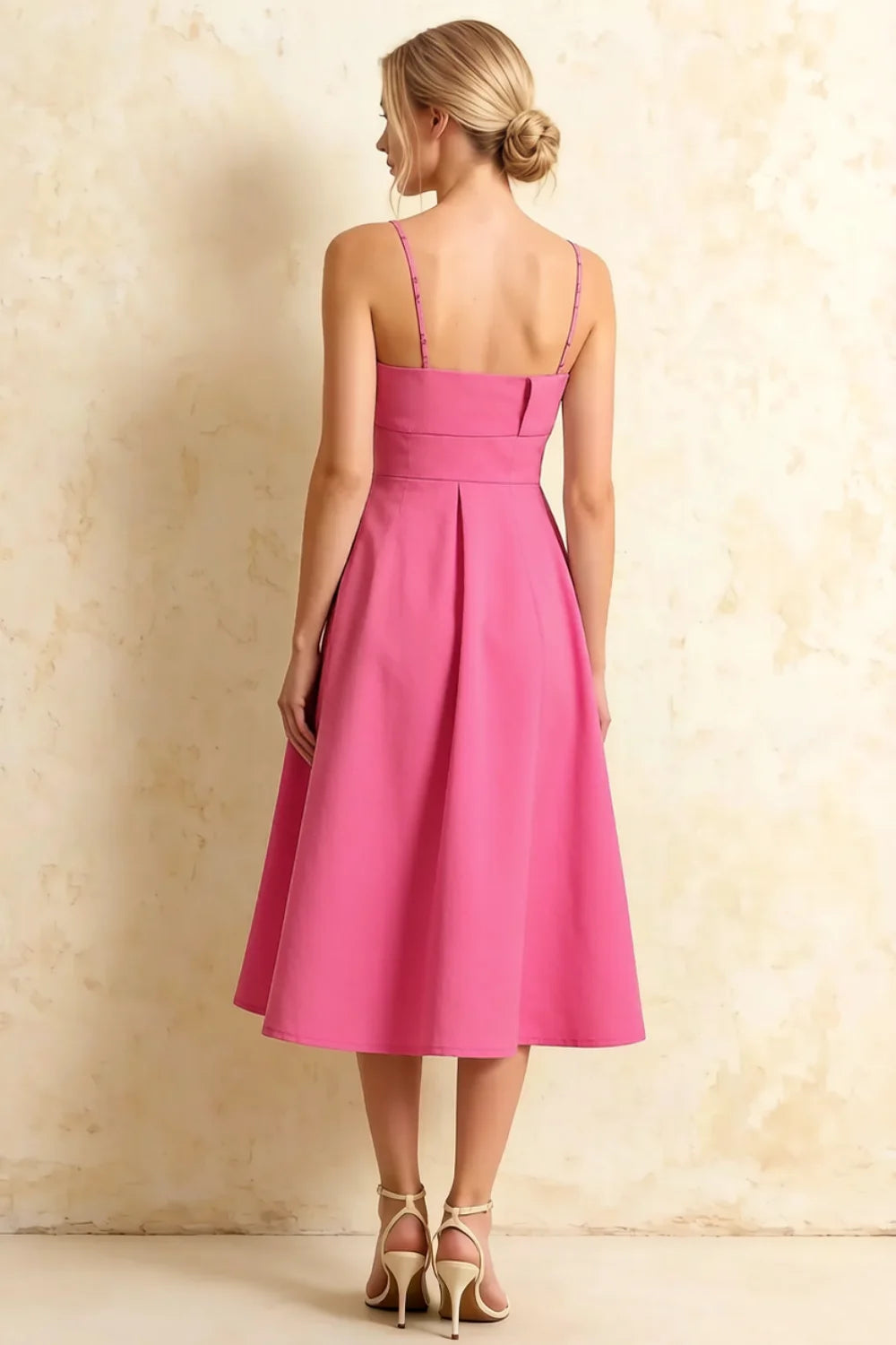 Hannah Hot Pink Midi Dress Square Neckline with Belt