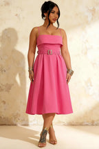 Hannah Hot Pink Midi Dress Square Neckline with Belt