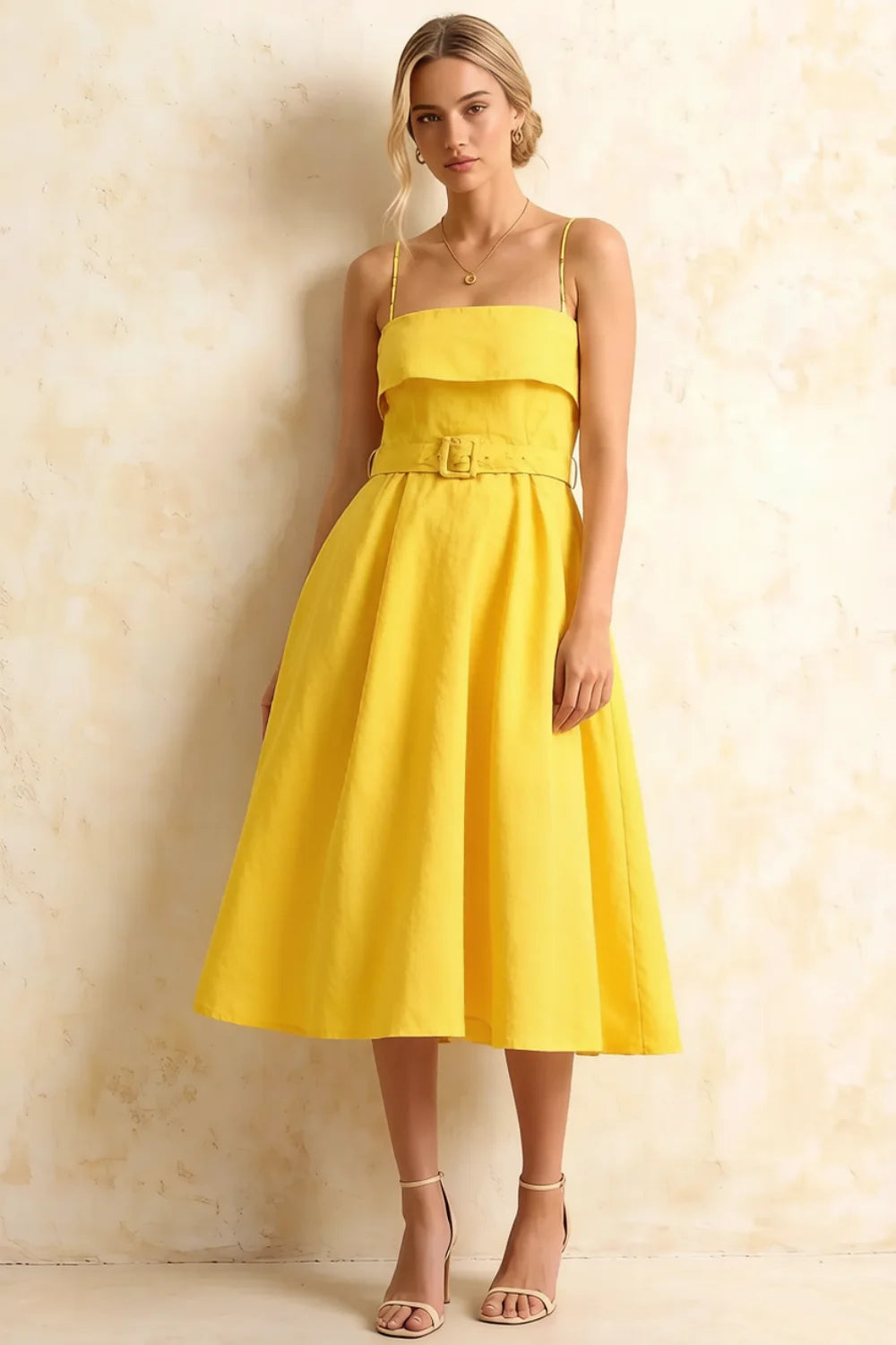 Hannah Lemon Square Neckline Midi Dress with Belted Waist