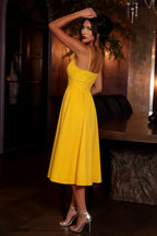 Hannah Lemon Square Neckline Midi Dress with Belted Waist