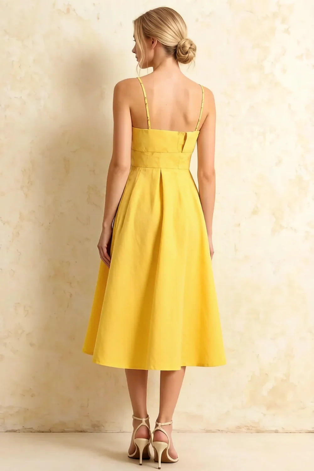 Hannah Lemon Square Neckline Midi Dress with Belted Waist