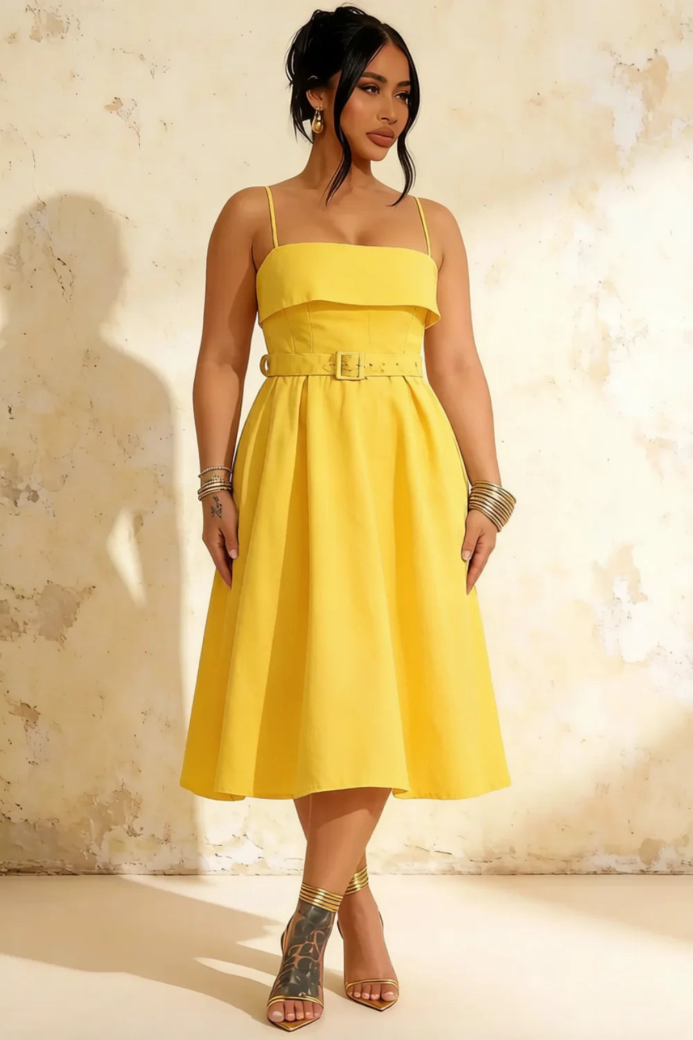 Hannah Lemon Square Neckline Midi Dress with Belted Waist