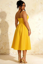 Hannah Lemon Square Neckline Midi Dress with Belted Waist