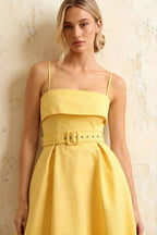 Hannah Lemon Square Neckline Midi Dress with Belted Waist