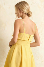 Hannah Lemon Square Neckline Midi Dress with Belted Waist