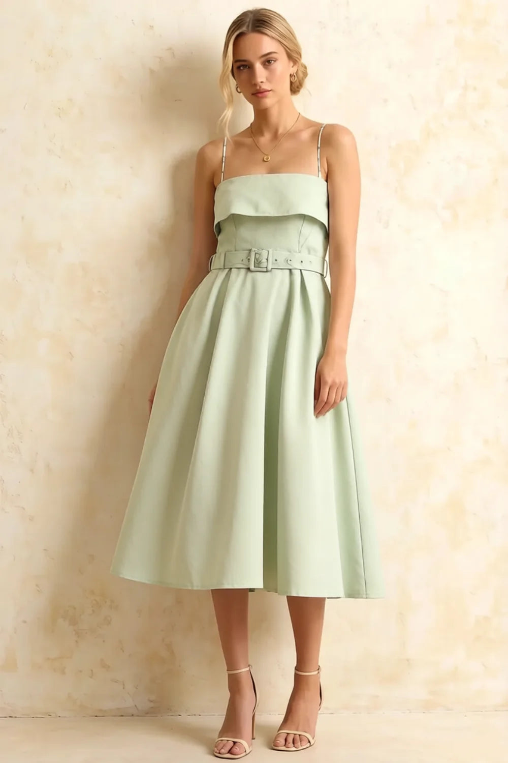 Hannah Mint Midi Dress Square Neck with Belted Waist