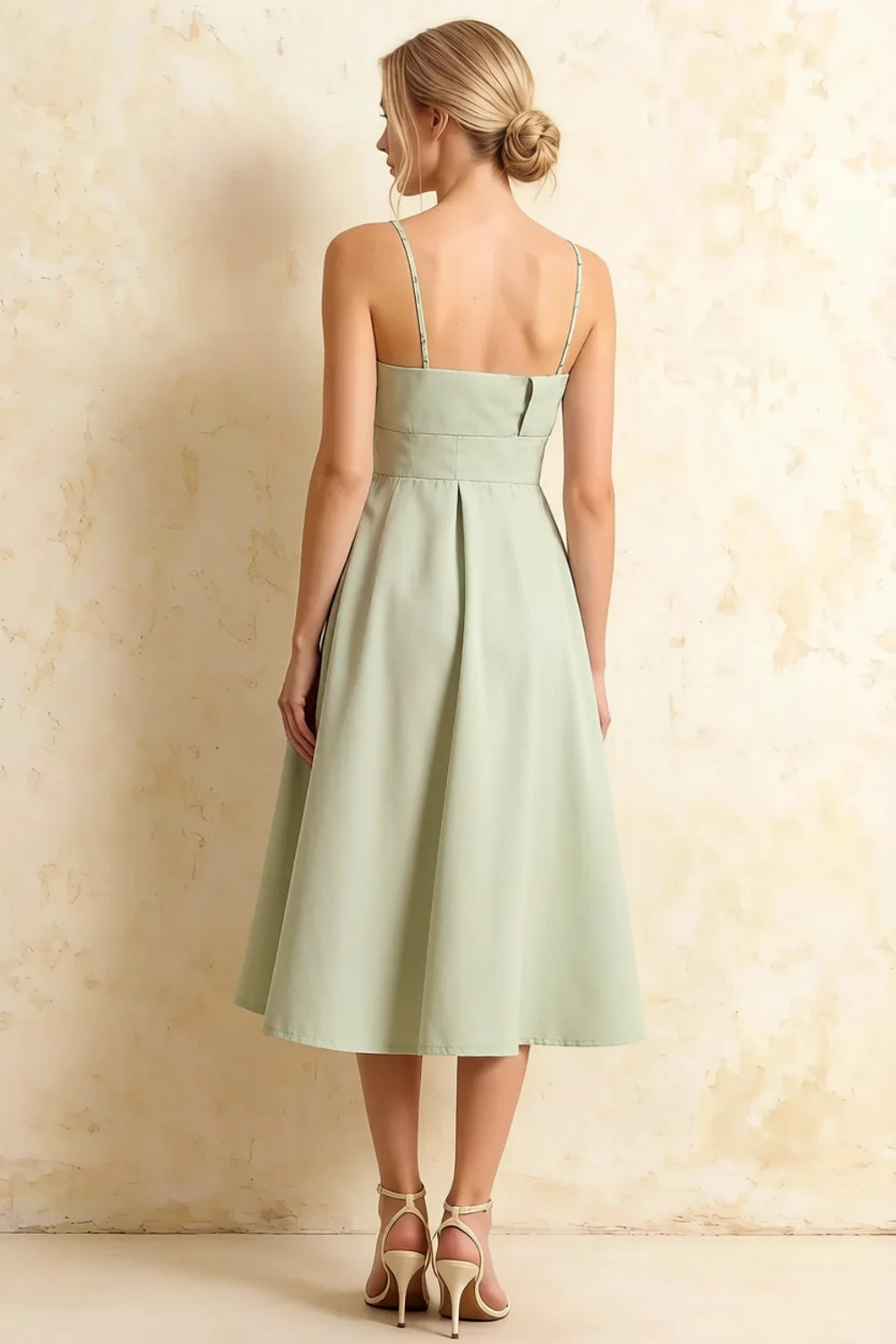Hannah Mint Midi Dress Square Neck with Belted Waist