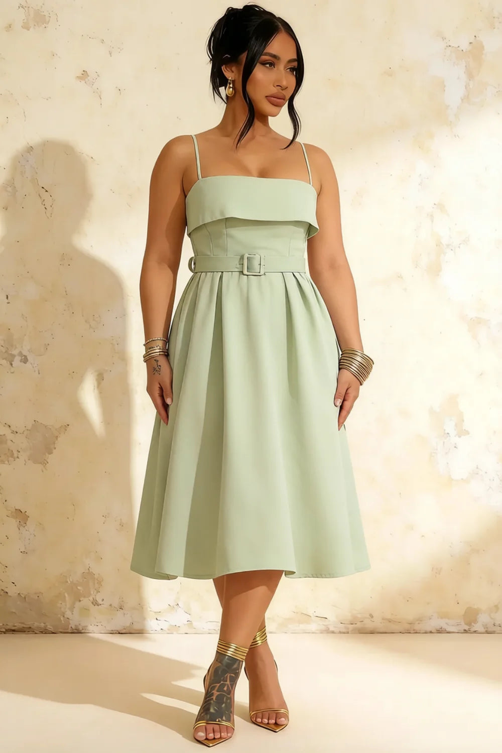 Hannah Mint Midi Dress Square Neck with Belted Waist