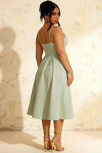 Hannah Mint Midi Dress Square Neck with Belted Waist