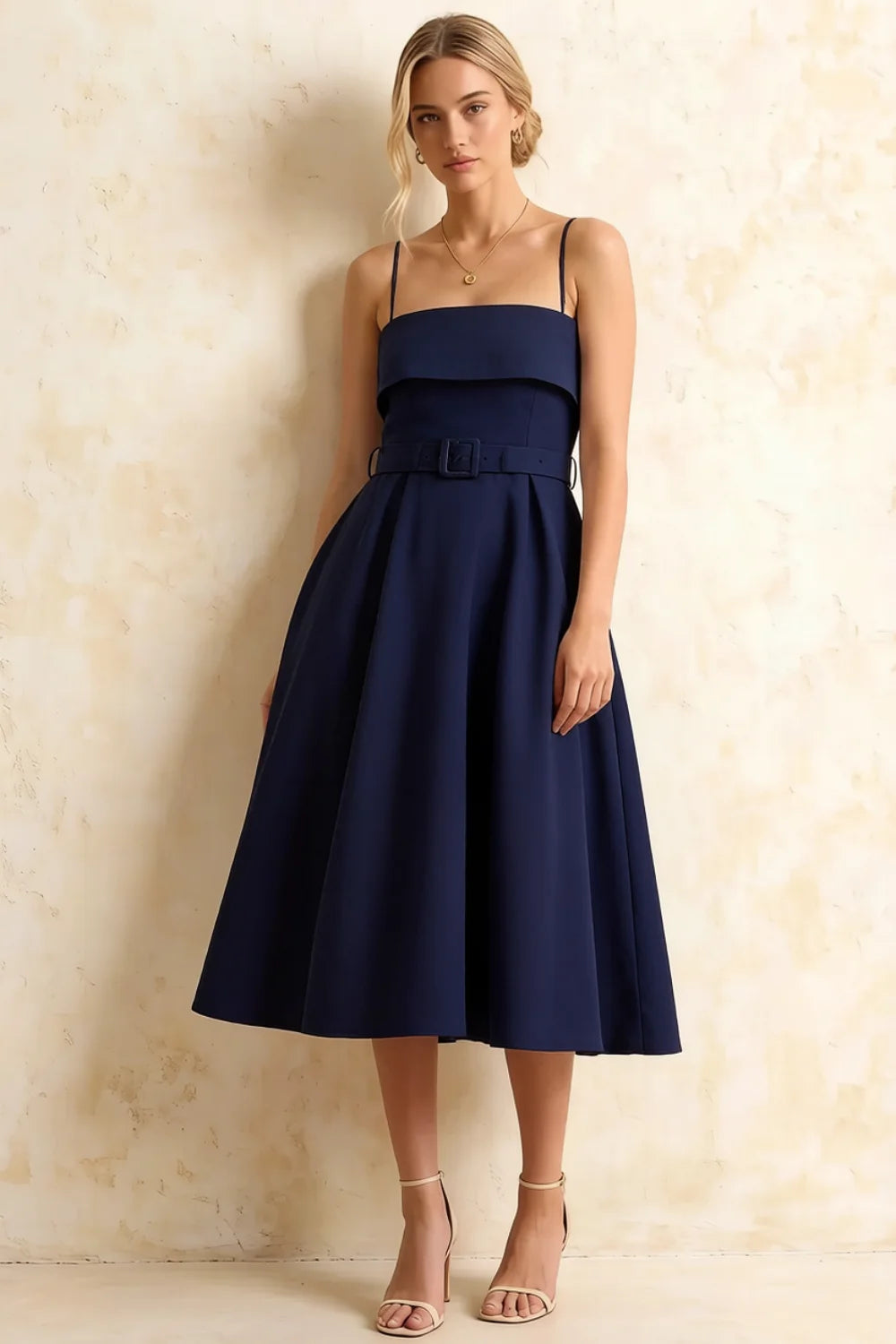 Vestido Midi Hannah azul marino con cinturón y escote cuadrado Imagen principal del producto