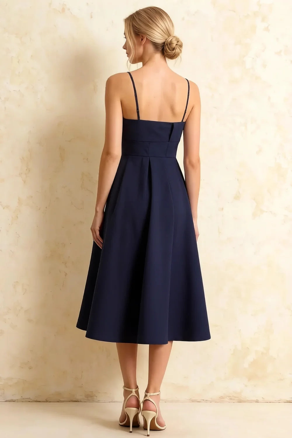 Hannah Navy Blue Belted Midi Dress with Square Neckline
