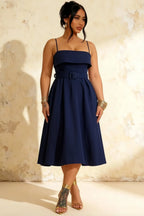 Hannah Navy Blue Belted Midi Dress with Square Neckline