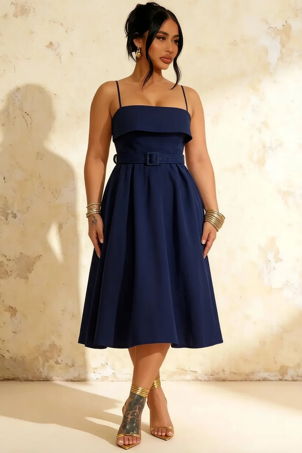 Hannah Navy Blue Belted Midi Dress with Square Neckline