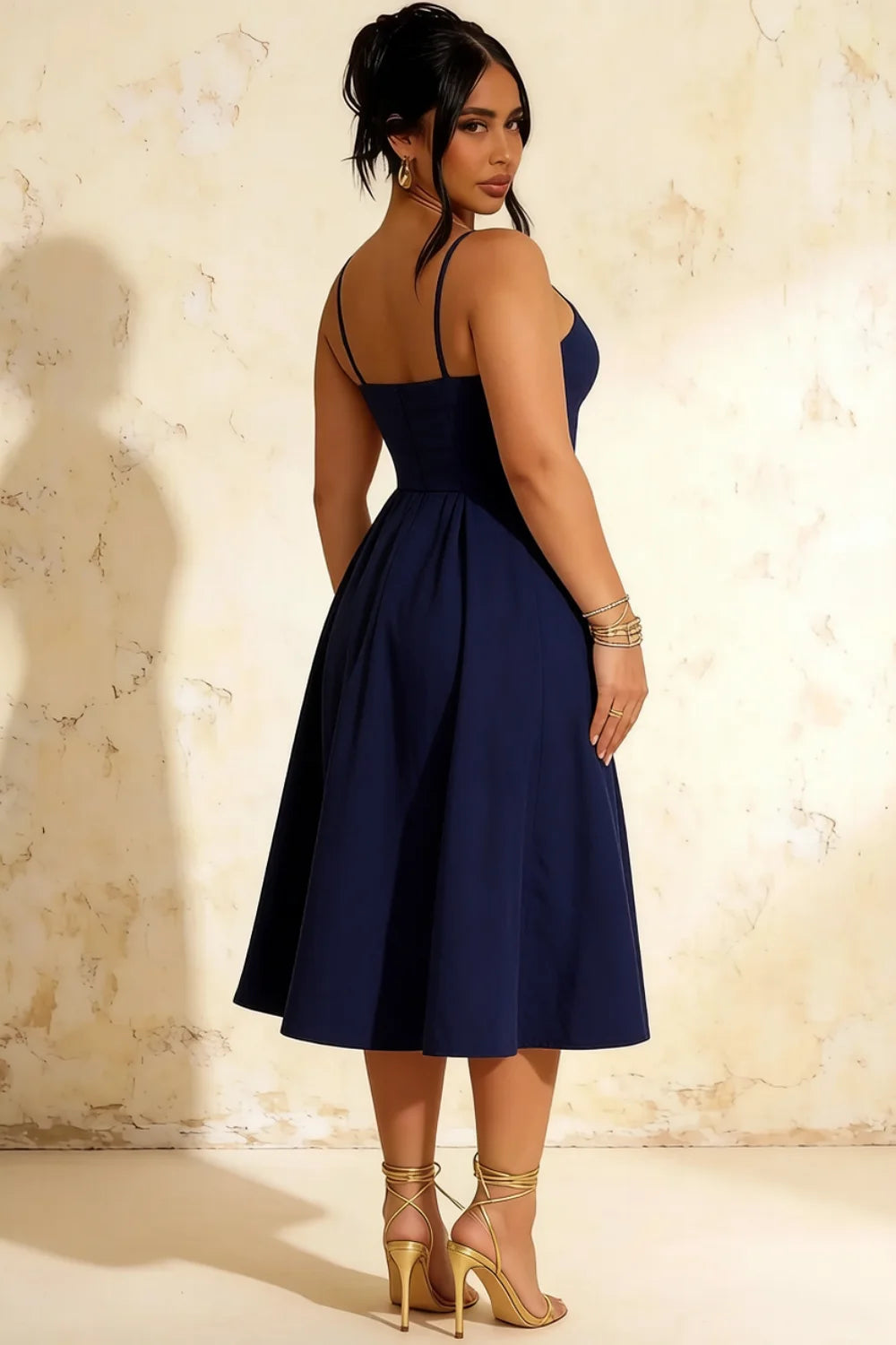 Hannah Navy Blue Belted Midi Dress with Square Neckline