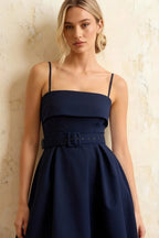 Hannah Navy Blue Belted Midi Dress with Square Neckline