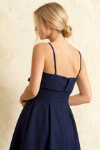 Hannah Navy Blue Belted Midi Dress with Square Neckline