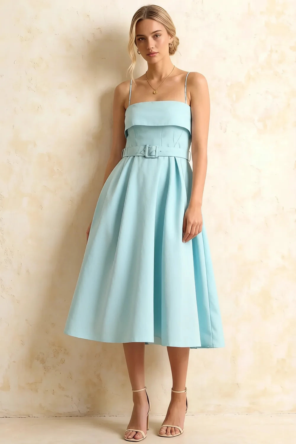 Hannah Powder Blue Belted Midi Dresses Square Neck